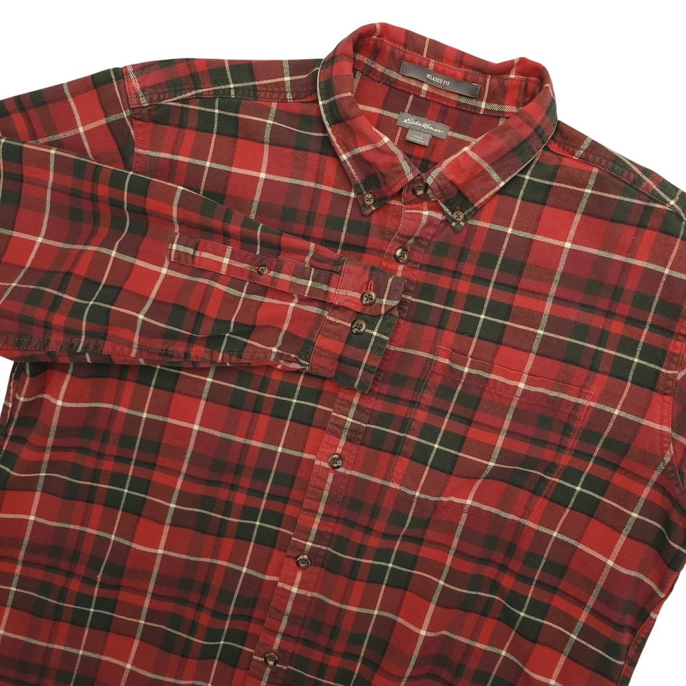 Eddie‎ Bauer Flannel Shirt Mens Large Red Plaid Relaxed Long Sleeve Button Down